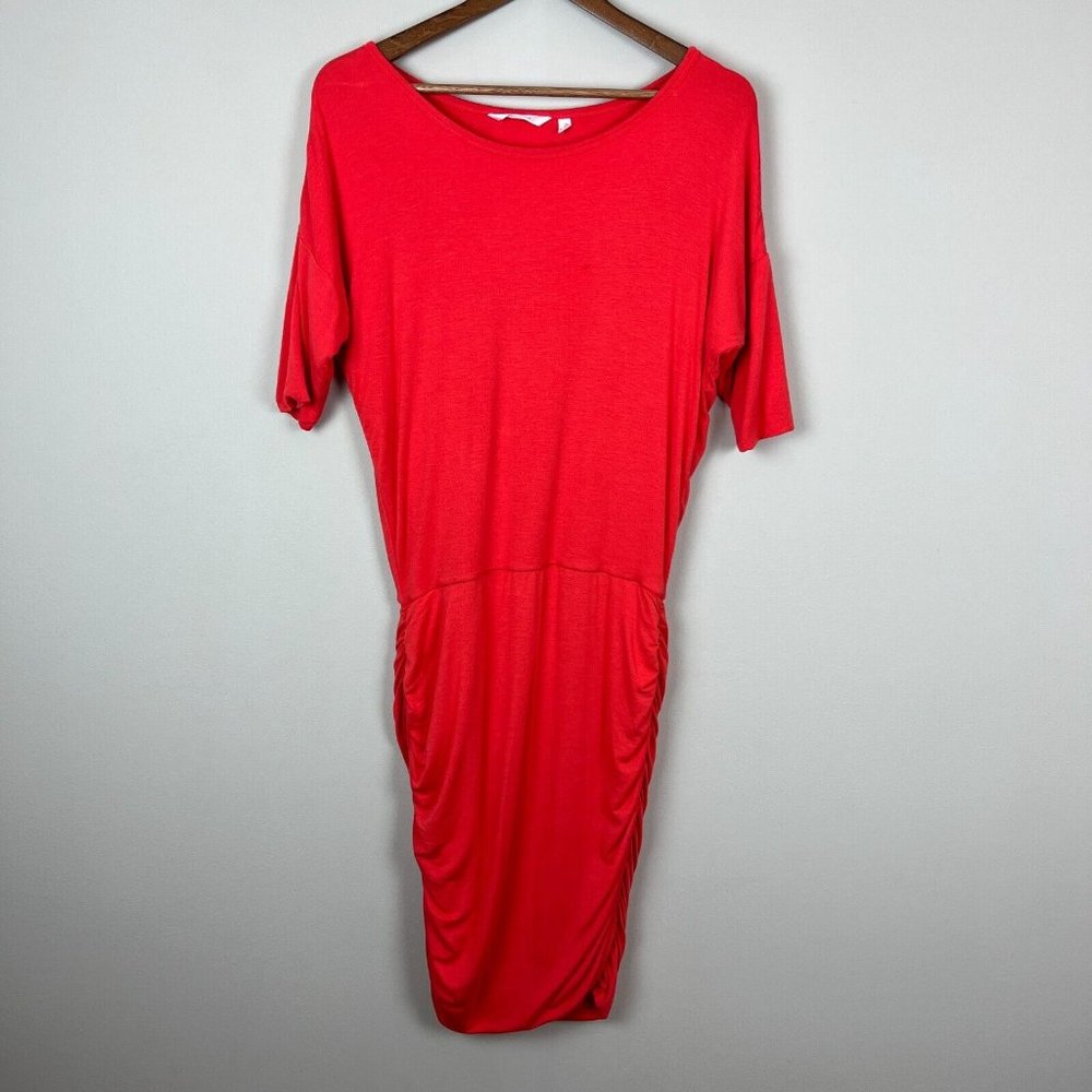 Athleta Dress Small Coral Solstice Modal Ruched Stretch Half Sleeve Knee Length